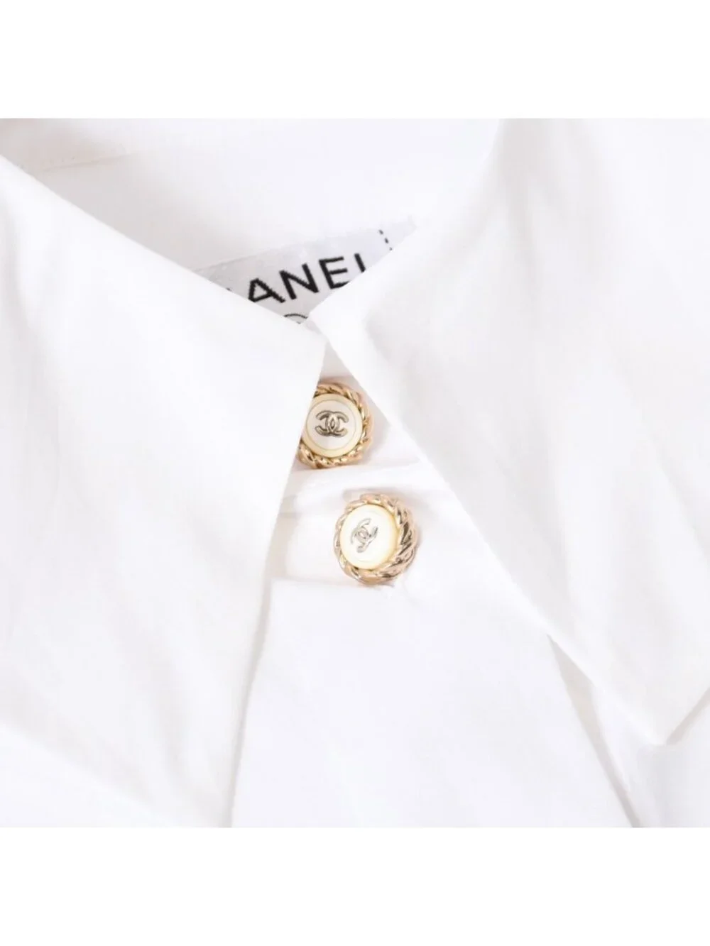 Chanel Long Sleeve Shirt Blouse CC Logo Cotton White Gold